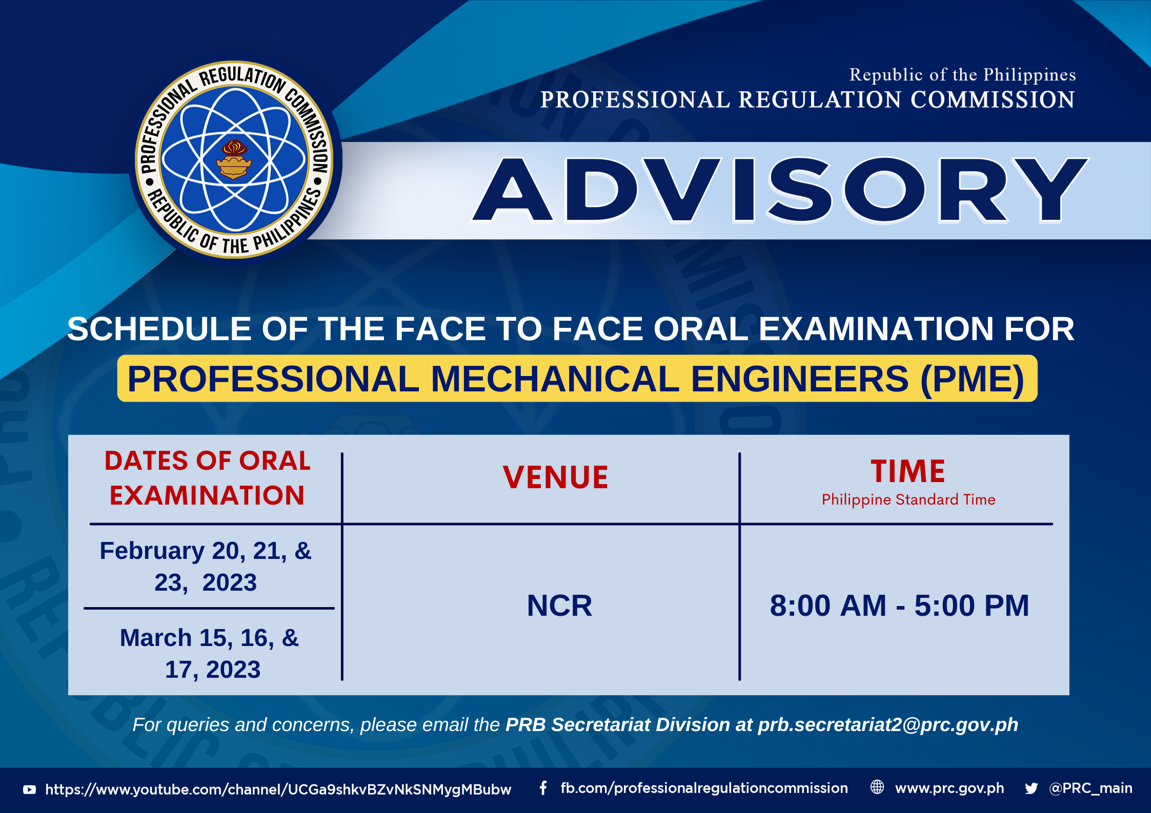 Schedule of the Face to Face Oral Examination for Professional